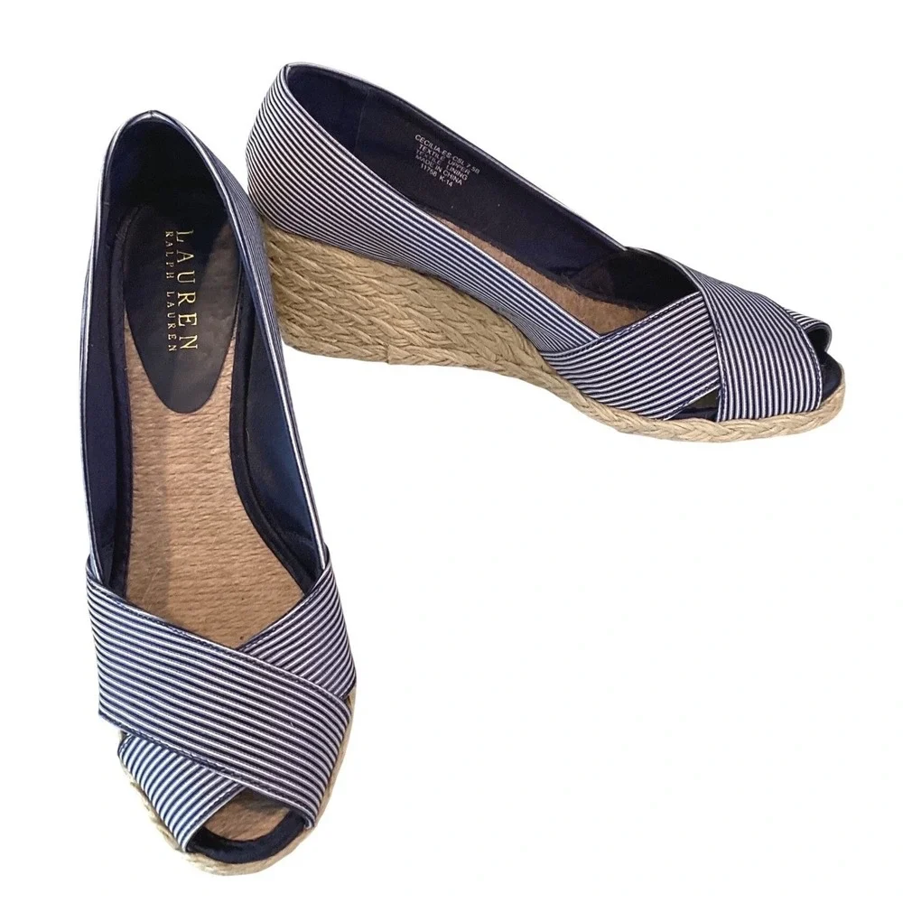 Lauren Ralph Lauren Cecilia Striped Espadrille Wedges Navy White Peep Toe 7.5